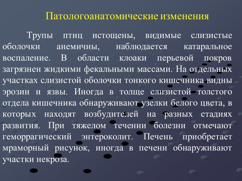 Патологоанатомические изменения  Трупы птиц истощены, видимые слизистые оболочки анемичны, наблюдается катаральное воспаление. В